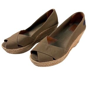 Tory Burch Canvas Espadrille Wedge Sandals Tan Peep Toe Made In Spain Size 8